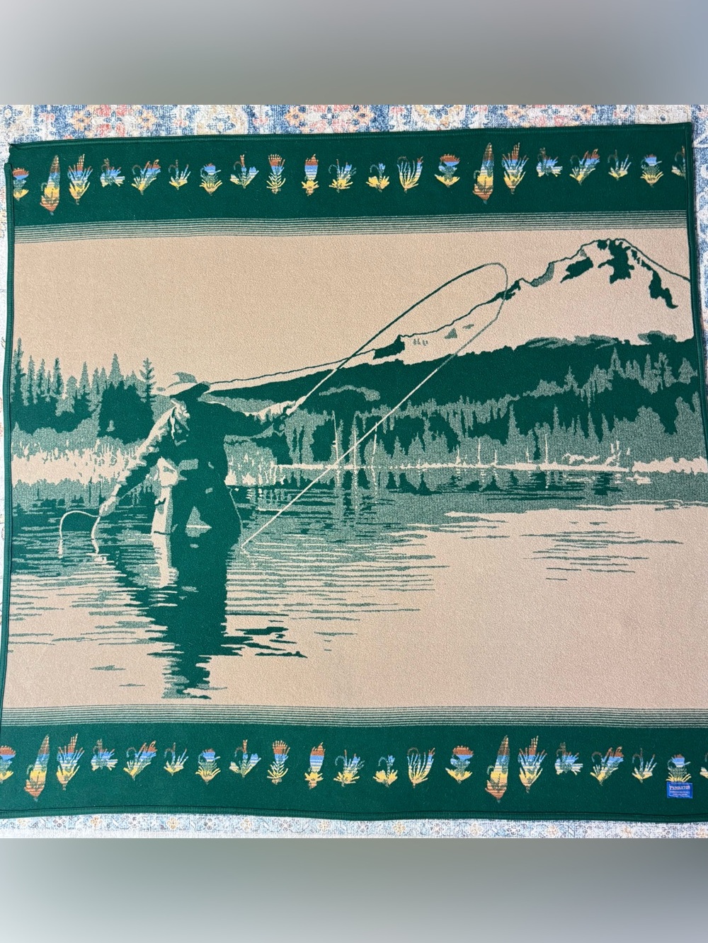 Pendleton Rare Fly Fisherman Wool Blanket Lodge Cabin Fishing 63x62